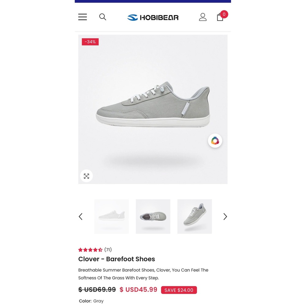 Hobibear Clover Barefoot Sneakers Mens 10.5 Gray Minimalist Zero Drop Wide Toe - Picture 12 of 15